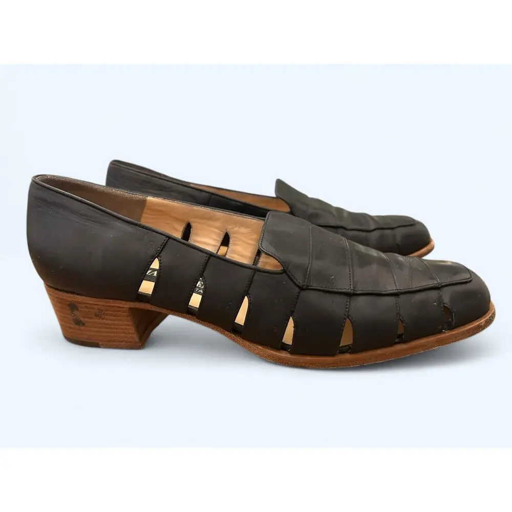 Vintage Mario Valentino Black Low Heeled Cut Out Loafer Dress Shoes size 39.5